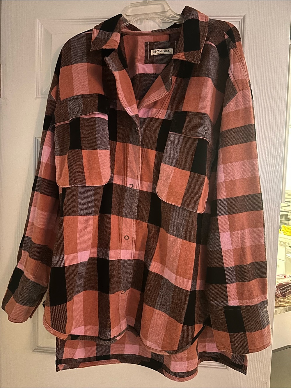 We The Free Pink and Brown Buffalo Plaid Button-Front Shacket